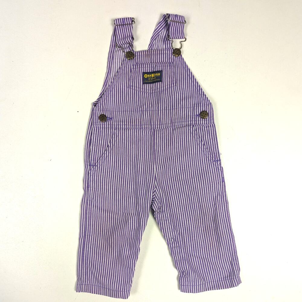 Vtg Oshkosh B'gosh Overalls Baby Girls Sz 12m Purple Engineer Stripe Hickory